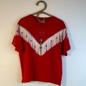 Red Fringe Embellished Short Sleeve Tee 80s